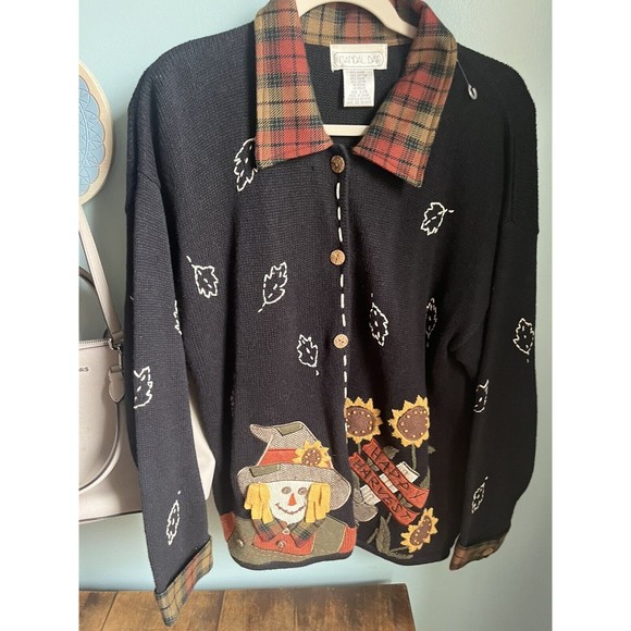 Mandal Bay Vintage Sweater Womens Size Large Happy Harvest Sunflowers Scarecrow - Picture 1 of 5